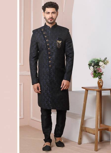 Navy Blue Colour Party Wear Mens Jaquard Silk Indo Western Collection 1694